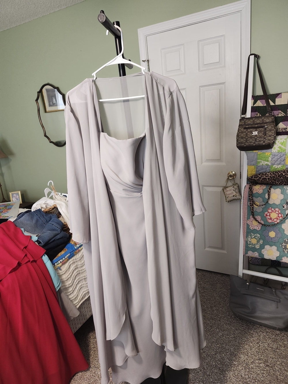 Elegant Light Gray Draped Evening Dress with Matching Jacket